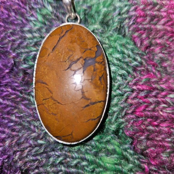 Maligano jasper, gemstone oval, pendant necklace, silver plate, black cord, new - Picture 2 of 5